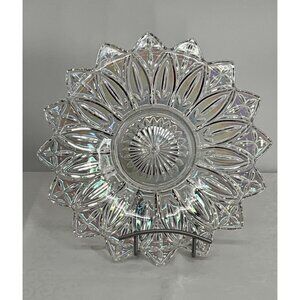 Vintage Cut Glass Iridescent Crystal Serving Plate With Starburst Design